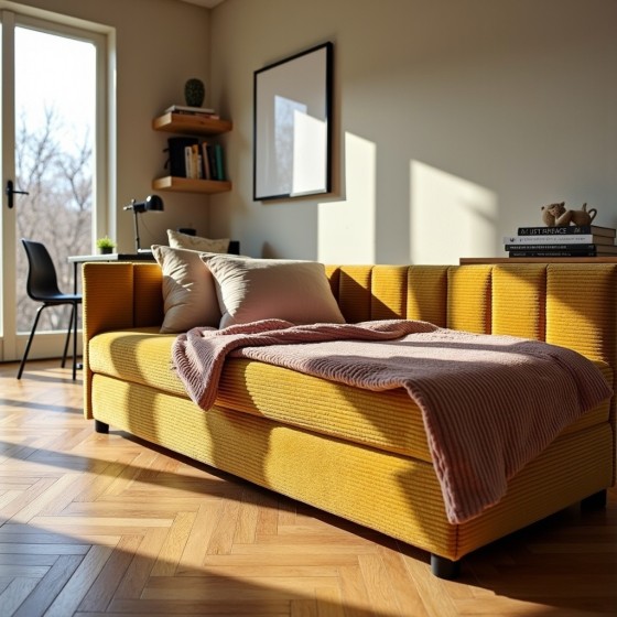 Tapczan Młodzieżowy Jednoosobowy Żółty Sztruks FENIKS 120x200 z Pojemnikiem Bokiem i Oparciem