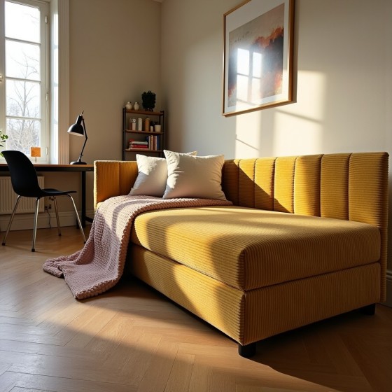 Tapczan Młodzieżowy Jednoosobowy Żółty Sztruks FENIKS 100x200 z Pojemnikiem Bokiem i Oparciem