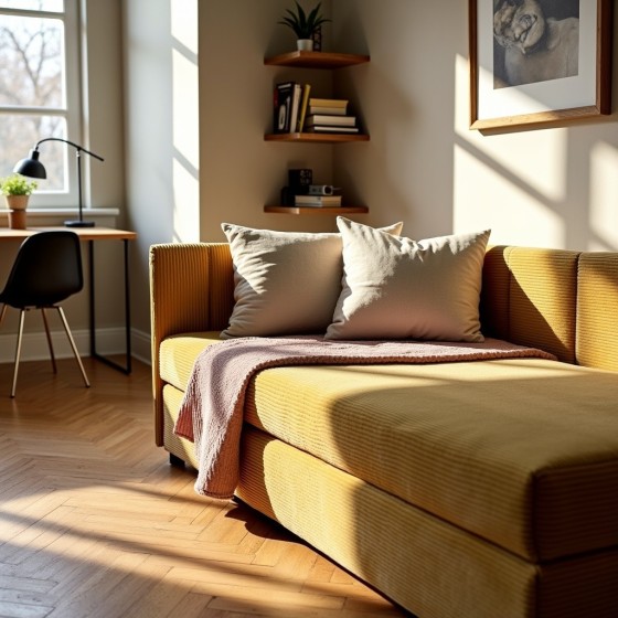 Tapczan Młodzieżowy Jednoosobowy Żółty Sztruks FENIKS 100x200 z Pojemnikiem Bokiem i Oparciem