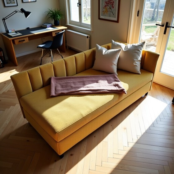 Tapczan Młodzieżowy Jednoosobowy Żółty Sztruks FENIKS 90x200 z Pojemnikiem Bokiem i Oparciem