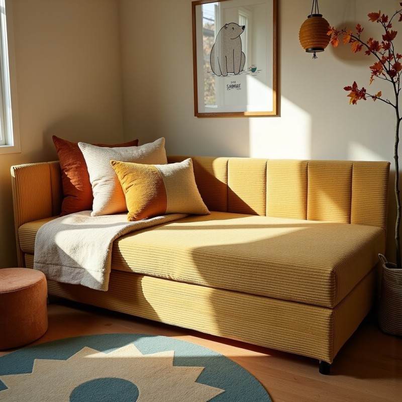 Tapczan Młodzieżowy Jednoosobowy Żółty Sztruks Dla Dziecka FENIKS 80x200 z Pojemnikiem Bokiem i Oparciem