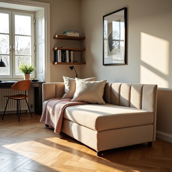 Tapczan Młodzieżowy Jednoosobowy Beżowy Sztruks Dla Dziecka FENIKS 80x200 z Pojemnikiem Bokiem i Oparciem