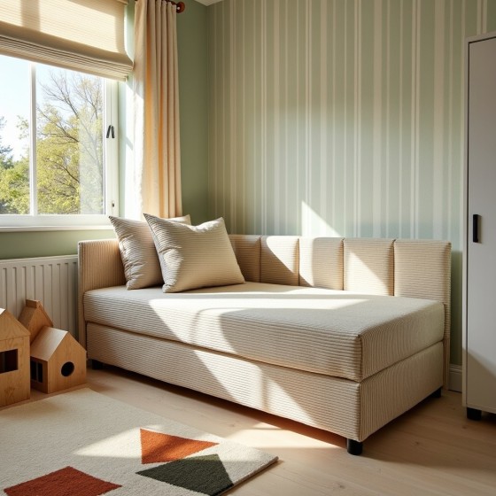 Tapczan Młodzieżowy Jednoosobowy Beżowy Sztruks FENIKS 90x200 z Pojemnikiem Bokiem i Oparciem