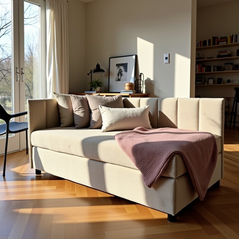 Tapczan Młodzieżowy Jednoosobowy Beżowy Sztruks FENIKS 120x200 z Pojemnikiem Bokiem i Oparciem