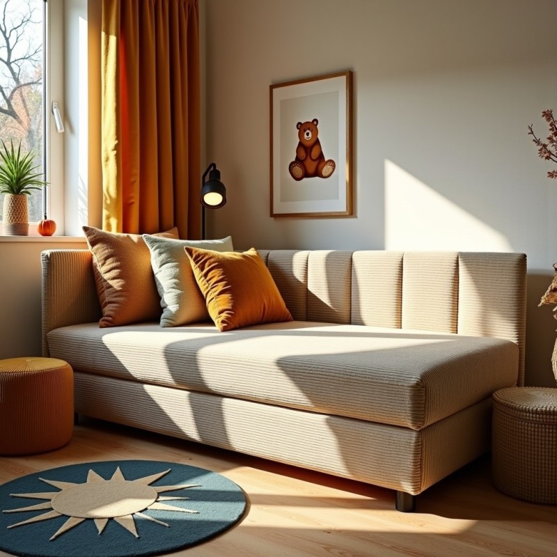 Tapczan Młodzieżowy Jednoosobowy Beżowy Sztruks FENIKS 120x200 z Pojemnikiem Bokiem i Oparciem