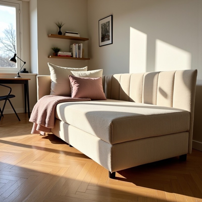 Tapczan Młodzieżowy Jednoosobowy Beżowy Sztruks FENIKS 100x200 z Pojemnikiem Bokiem i Oparciem