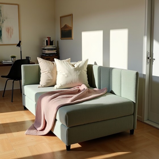 Tapczan Młodzieżowy Jednoosobowy Miętowy Sztruks FENIKS 120x200 z Pojemnikiem Bokiem i Oparciem