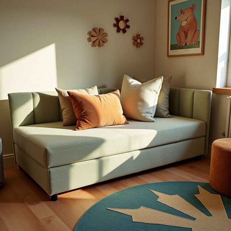 Tapczan Młodzieżowy Jednoosobowy Miętowy Sztruks FENIKS 120x200 z Pojemnikiem Bokiem i Oparciem