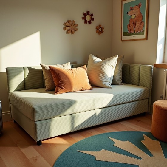 Tapczan Młodzieżowy Jednoosobowy Miętowy Sztruks FENIKS 120x200 z Pojemnikiem Bokiem i Oparciem