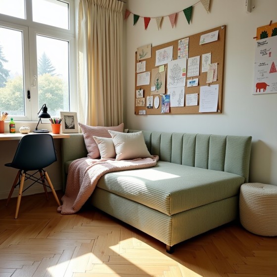 Tapczan Młodzieżowy Jednoosobowy Miętowy Sztruks FENIKS 120x200 z Pojemnikiem Bokiem i Oparciem