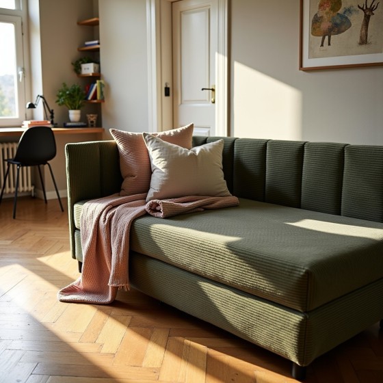 Tapczan Młodzieżowy Jednoosobowy Zielony Sztruks Dla Dziecka FENIKS 80x200 z Pojemnikiem Bokiem i Oparciem