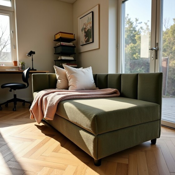 Tapczan Młodzieżowy Jednoosobowy Zielony Sztruks FENIKS 120x200 z Pojemnikiem Bokiem i Oparciem