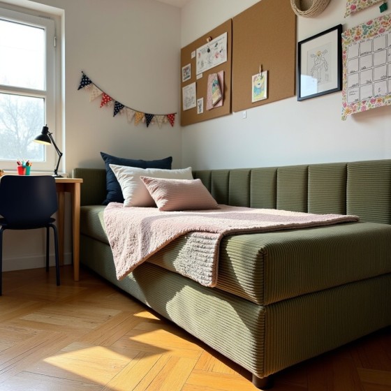 Tapczan Młodzieżowy Jednoosobowy Zielony Sztruks Dla Dziecka FENIKS 80x200 z Pojemnikiem Bokiem i Oparciem