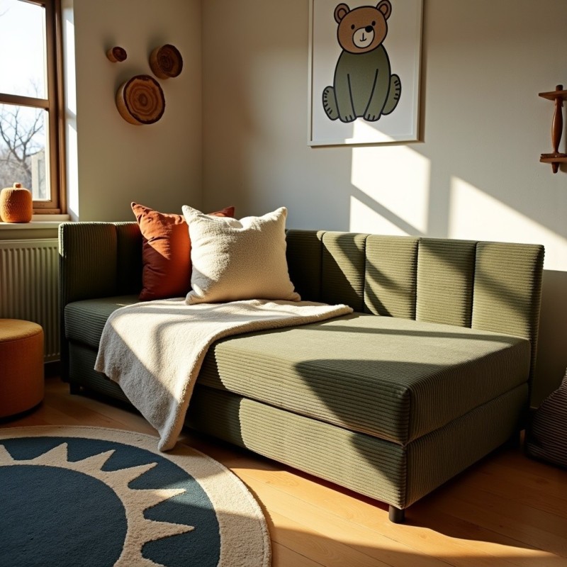 Tapczan Młodzieżowy Jednoosobowy Zielony Sztruks Dla Dziecka FENIKS 80x200 z Pojemnikiem Bokiem i Oparciem