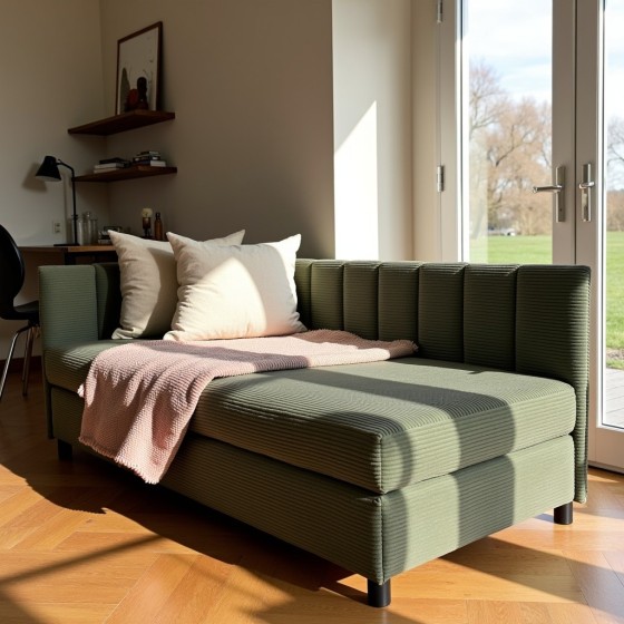 Tapczan Młodzieżowy Jednoosobowy Zielony Sztruks FENIKS 90x200 z Pojemnikiem Bokiem i Oparciem