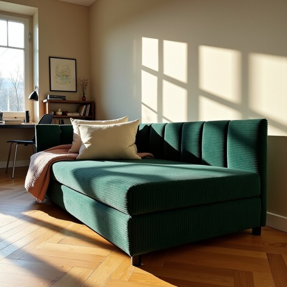 Tapczan Młodzieżowy Jednoosobowy Butelkowa Zieleń Sztruks Dla Dziecka FENIKS 80x200 z Pojemnikiem Bokiem i Oparciem