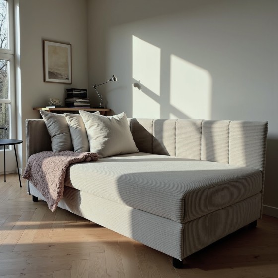 Tapczan Młodzieżowy Jednoosobowy Jasnoszary Sztruks FENIKS 120x200 z Pojemnikiem Bokiem i Oparciem