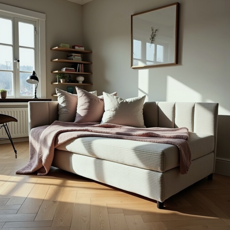 Tapczan Młodzieżowy Jednoosobowy Jasnoszary Sztruks FENIKS 120x200 z Pojemnikiem Bokiem i Oparciem