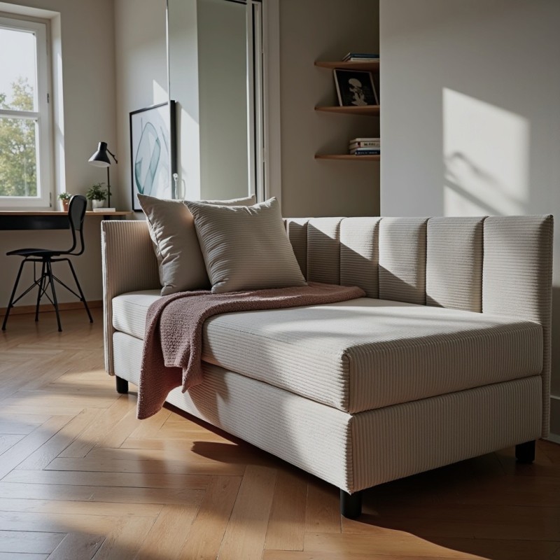 Tapczan Młodzieżowy Jednoosobowy Jasnoszary Sztruks FENIKS 120x200 z Pojemnikiem Bokiem i Oparciem