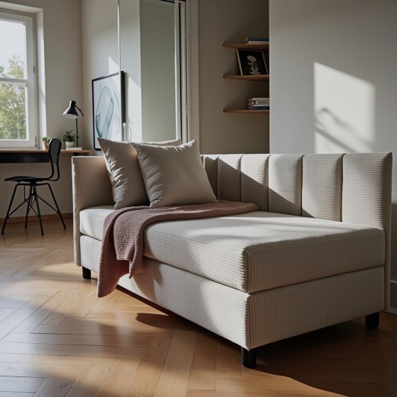 Tapczan Młodzieżowy Jednoosobowy Jasnoszary Sztruks Dla Dziecka FENIKS 80x200 z Pojemnikiem Bokiem i Oparciem