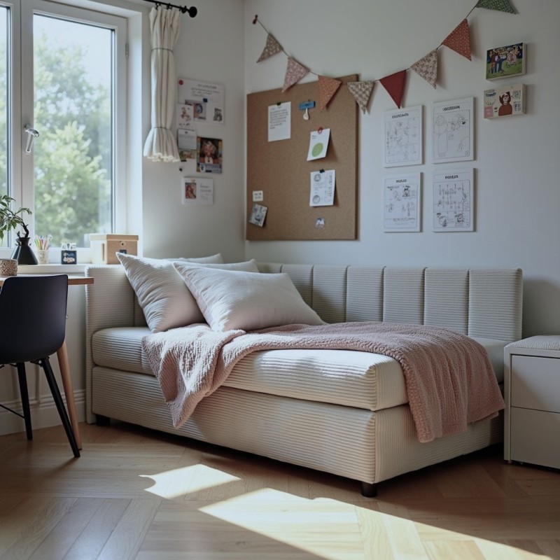 Tapczan Młodzieżowy Jednoosobowy Jasnoszary Sztruks Dla Dziecka FENIKS 80x200 z Pojemnikiem Bokiem i Oparciem