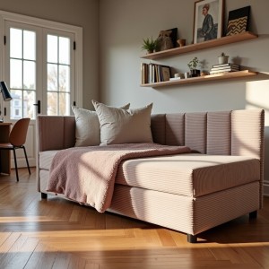 Tapczan Młodzieżowy Jednoosobowy Różowy Sztruks FENIKS 120x200 z Pojemnikiem Bokiem i Oparciem