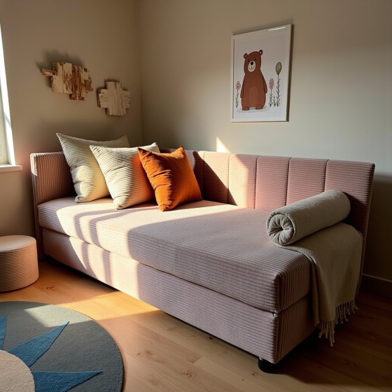 Tapczan Młodzieżowy Jednoosobowy Różowy Sztruks FENIKS 100x200 z Pojemnikiem Bokiem i Oparciem