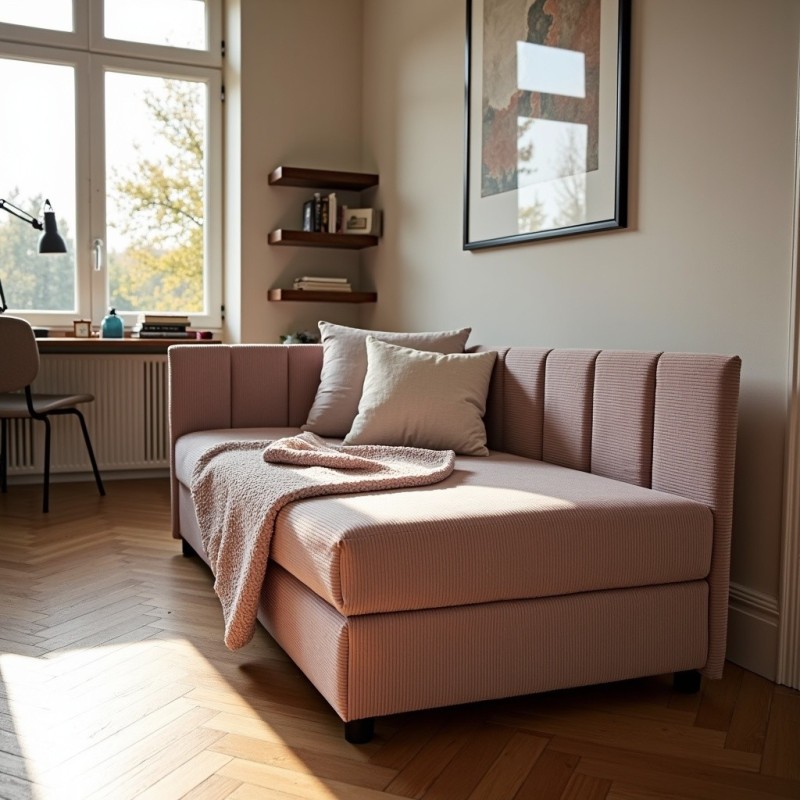 Tapczan Młodzieżowy Jednoosobowy Różowy Sztruks FENIKS 90x200 z Pojemnikiem Bokiem i Oparciem