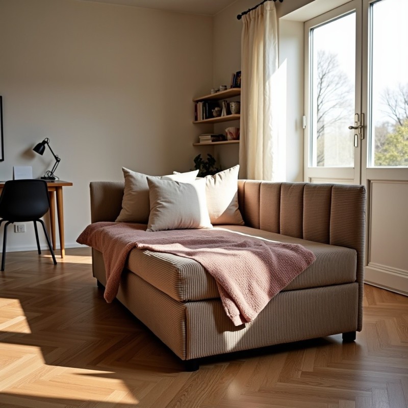 Tapczan Młodzieżowy Jednoosobowy Brązowy Sztruks FENIKS 100x200 z Pojemnikiem Bokiem i Oparciem