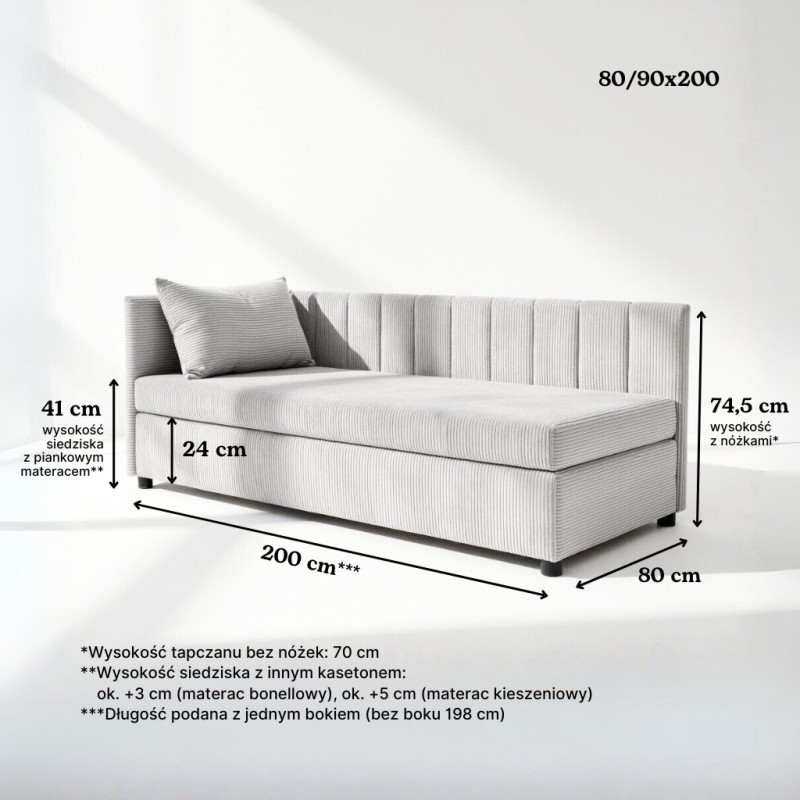 Tapczan Młodzieżowy Jednoosobowy Miętowy Sztruks Dla Dziecka FENIKS 80x200 z Pojemnikiem Bokiem i Oparciem