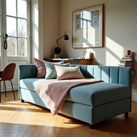 Tapczan Młodzieżowy Jednoosobowy Niebieski Sztruks FENIKS 90x200 z Pojemnikiem Bokiem i Oparciem