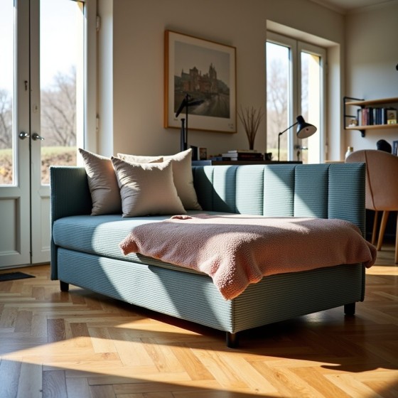 Tapczan Młodzieżowy Jednoosobowy Niebieski Sztruks Dla Dziecka FENIKS 80x200 z Pojemnikiem Bokiem i Oparciem