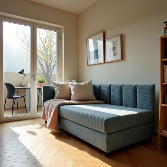 Tapczan Młodzieżowy Jednoosobowy Niebieski Sztruks Dla Dziecka FENIKS 80x200 z Pojemnikiem Bokiem i Oparciem