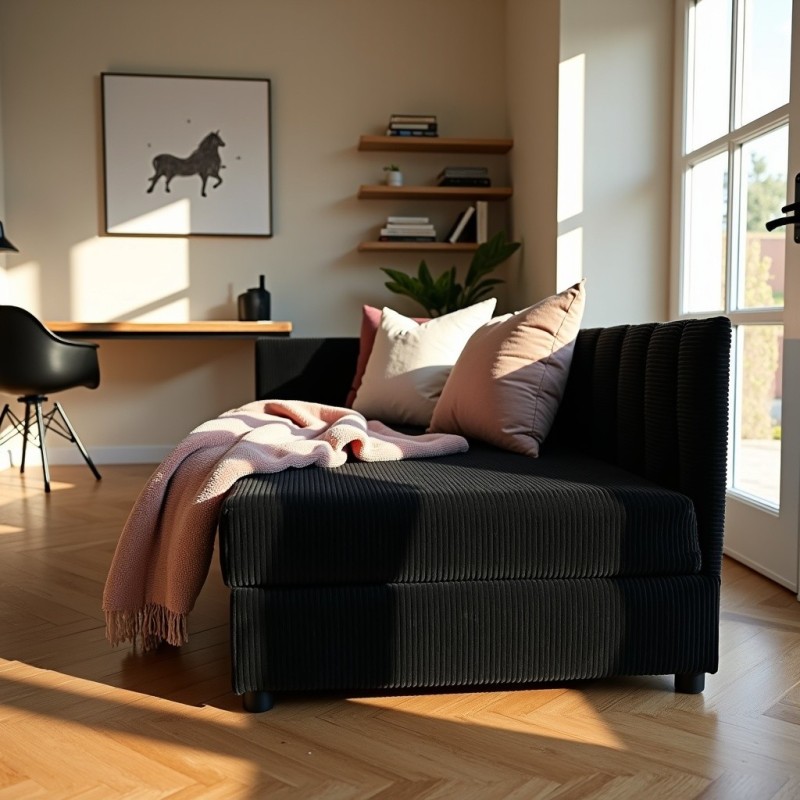 Tapczan Młodzieżowy Jednoosobowy Czarny Sztruks Dla Dziecka FENIKS 80x200 z Pojemnikiem Bokiem i Oparciem