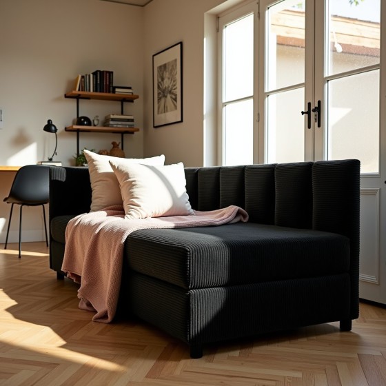 Tapczan Młodzieżowy Jednoosobowy Czarny Sztruks FENIKS 120x200 z Pojemnikiem Bokiem i Oparciem