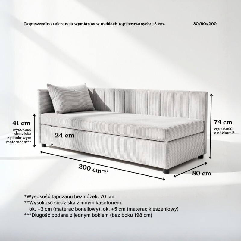 Tapczan Jednoosobowy Dla Dziecka FENIKS 80x200 z Pojemnikiem Bokiem i Oparciem Szary Welur