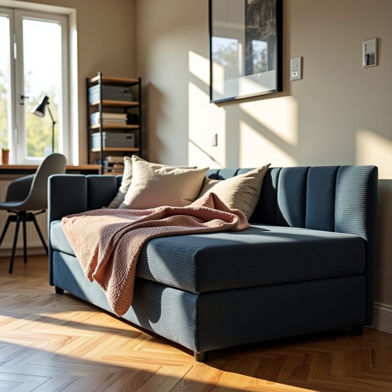 Tapczan Młodzieżowy Jednoosobowy Dla Dziecka FENIKS 80x200 z Pojemnikiem Bokiem i Oparciem Sztruks