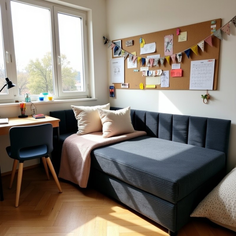 Tapczan Młodzieżowy Jednoosobowy Granatowy Sztruks FENIKS 90x200 z Pojemnikiem Bokiem i Oparciem