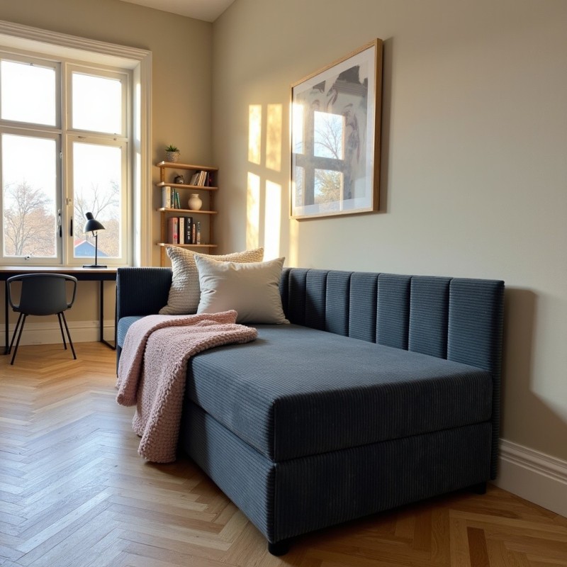 Tapczan Młodzieżowy Jednoosobowy Granatowy Sztruks Dla Dziecka FENIKS 80x200 z Pojemnikiem Bokiem i Oparciem