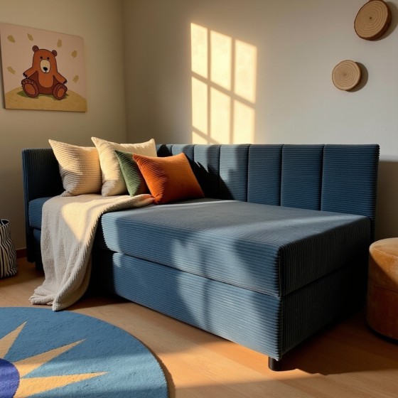 Tapczan Młodzieżowy Jednoosobowy Granatowy Sztruks Dla Dziecka FENIKS 80x200 z Pojemnikiem Bokiem i Oparciem