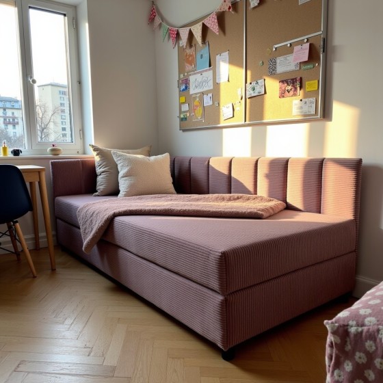 Tapczan Młodzieżowy Jednoosobowy Fioletowy Sztruks FENIKS 120x200 z Pojemnikiem Bokiem i Oparciem