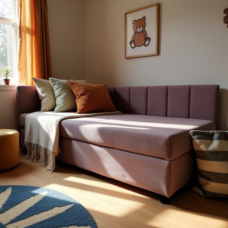 Tapczan Młodzieżowy Jednoosobowy Fioletowy Sztruks FENIKS 120x200 z Pojemnikiem Bokiem i Oparciem