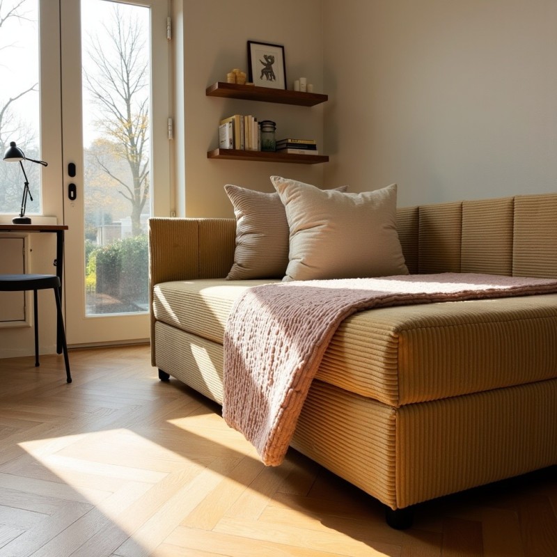 Tapczan Młodzieżowy Jednoosobowy Musztardowy Sztruks FENIKS 100x200 z Pojemnikiem Bokiem i Oparciem