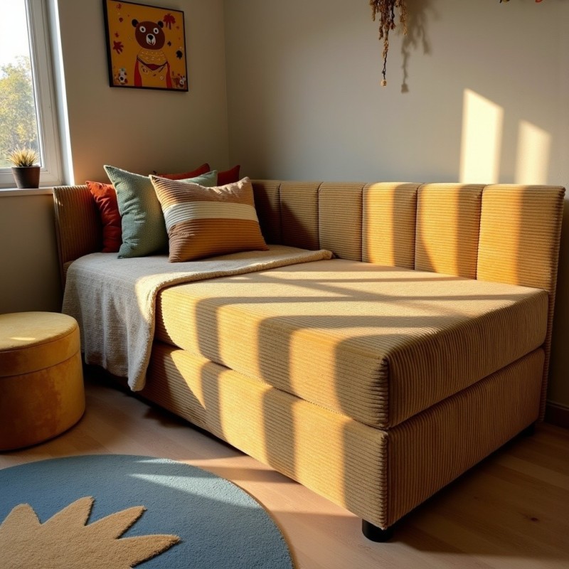 Tapczan Młodzieżowy Jednoosobowy Musztardowy Sztruks FENIKS 100x200 z Pojemnikiem Bokiem i Oparciem