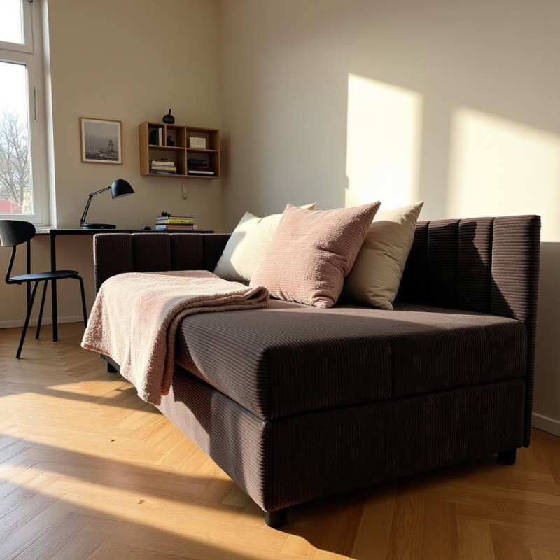 Tapczan Młodzieżowy Jednoosobowy Ciemnobrązowy Sztruks FENIKS 100x200 z Pojemnikiem Bokiem i Oparciem