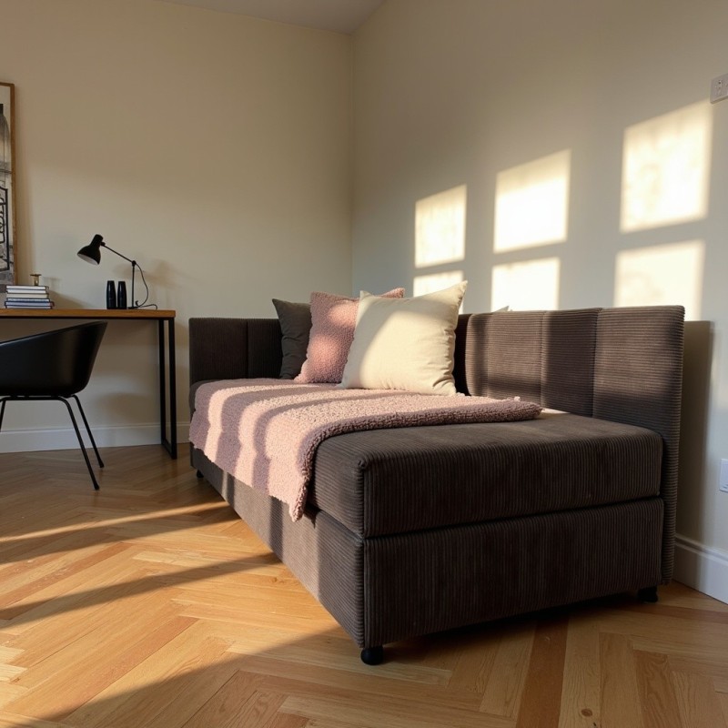 Tapczan Młodzieżowy Jednoosobowy Ciemnobrązowy Sztruks FENIKS 100x200 z Pojemnikiem Bokiem i Oparciem