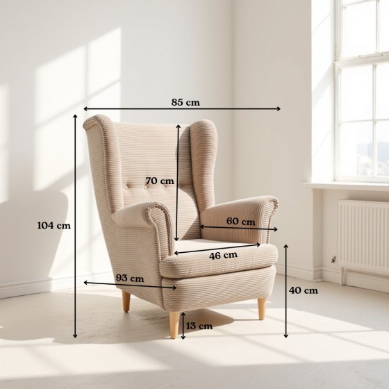 Fotel Uszak Beżowy Sztruks