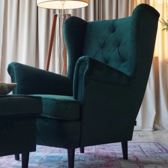 Fotel Uszak GLAMOUR z Podnóżkiem Butelkowa Zieleń