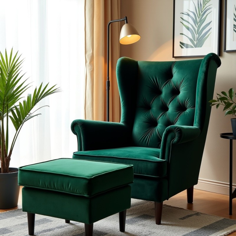 Fotel Uszak GLAMOUR z Podnóżkiem Butelkowa Zieleń