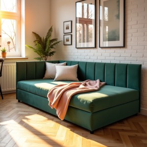 Tapczan Jednoosobowy Dla Dziecka FENIKS 80x200 Welur Butelkowa Zieleń z Pojemnikiem Bokiem i Oparciem